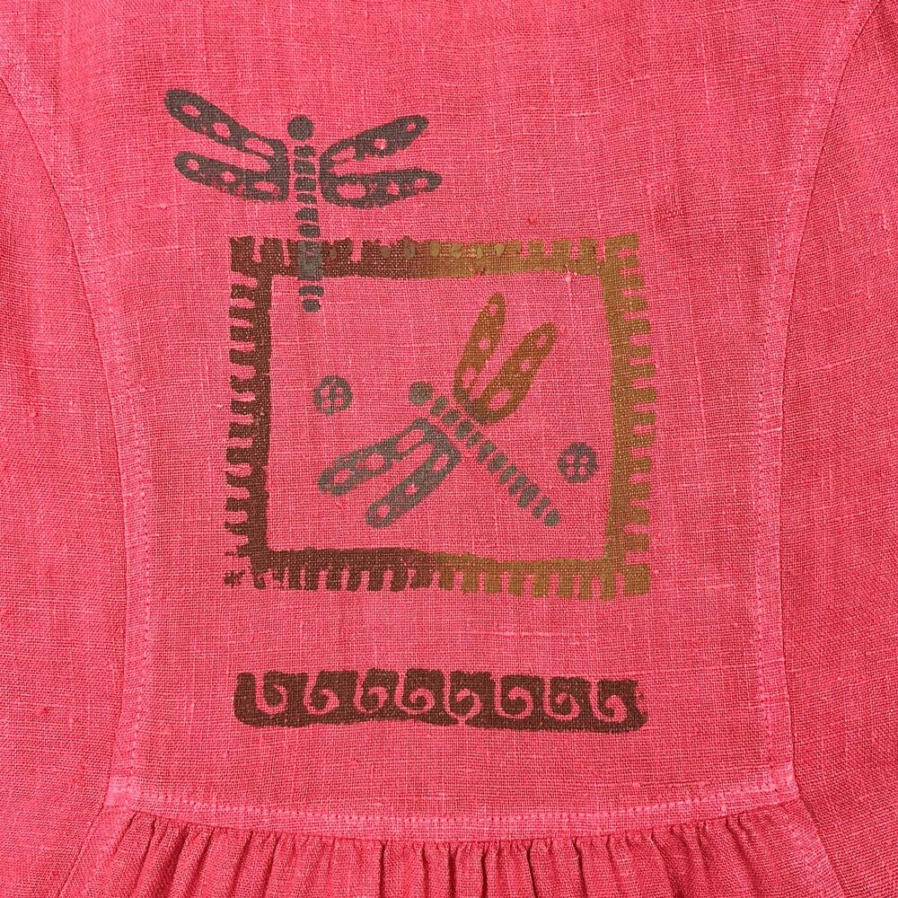 VTG Blue Fish Linen Dress L Coral Southwestern Dragonfly Graphics Lagenlook BOHO - Picture 3 of 12